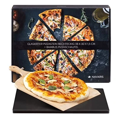 Afbeelding van Navaris pizzasteen XL voor oven, steengrill en barbecue Rechthoekige pizzaplaat 38 x 30 cm Set inclusief bamboe pizzaschep receptenboek