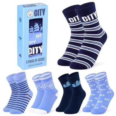 Afbeelding van Manchester City F.C. Jongenssokken Set van 5 Crew Sokken voor Jongens Tieners Zacht Ademend Maat 12 7 Heren Geschenken (Blauw, 9 13 jaar, 3/7 UK), Kl blauw, Blauw