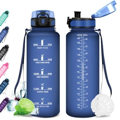 Afbeelding van KollyKolla Sportfles, 1,5 liter, met tijdsaanduiding, BPA vrij, waterfles voor volwassenen, school, gymnastiek, fitness