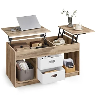 Afbeelding van VASAGLE Salontafel, salontafel met 2 laden en verborgen vakken, open voor woonkamer, thuiskantoor, camelbruin wolkenwit LCT210L01