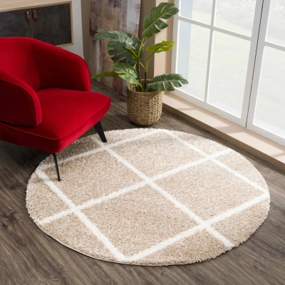 Afbeelding van Madrid Shaggy Geruit Vloerkleed Beige Creme Hoogpolig 150 cm rond