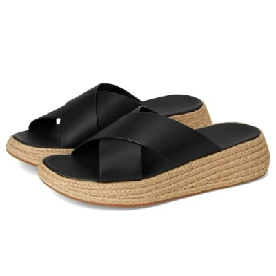 Afbeelding van FitFlop F Mode Espadrille Leather Flatform Cross Slides ZWART Maat 38