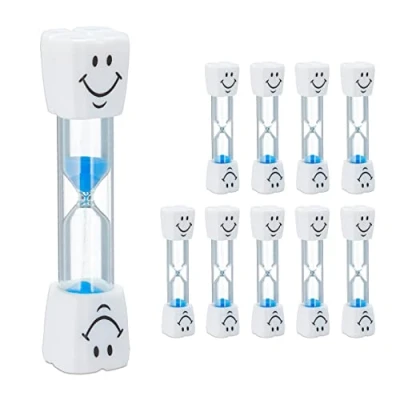 Afbeelding van Relaxdays Set van 10 zandlopers voor tandenpoetsen kinderen, stille timer, glas en zand, wit/blauw