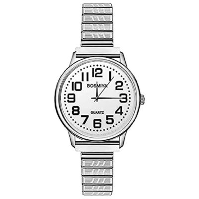 Afbeelding van JewelryWe Uitbreidbaar polshorloge voor heren, grote cijfers, eenvoudig en elegant, elastisch, kwarts, ultra helder gemakkelijk te lezen ouderen slechtzienden, Roestvrij staal #1 zilver
