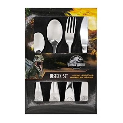 Afbeelding van p:os Jurassic World 4 delige set kinderbestek van roestvrij staal met dinosaurusgravure, bestek mes, vork, soeplepel en dessertlepel