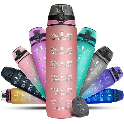 Image de K MART Bouteille d&#039;eau de sport 1 L avec marqueur temps motivant, passe au lave vaisselle, anti fuite, sans BPA, non toxique pour la course, le cyclisme, gym, l&#039;école et bureau (rose