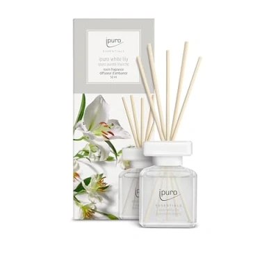 Afbeelding van ipuro Essentials White Lily 50 ml Luchtverfrisser met perzik, lelietje van dalen, jasmijn, kruidnagel, witte muskus en cederhoutgeur Diffuser staafjes voor appartement