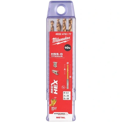 Afbeelding van MILWAUKEE 4932478177 SHOCKWAVE HSS G TiN Red Hex 3,5mm metaalboormm (10 st.)