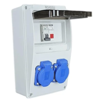 Afbeelding van RoadEu 230 V stroomverdeler, 2 stopcontacten rode led lichtdetector, stekkerverdeler met 1 x C16A stroomonderbreker. IP54 bouwstroomverdeler