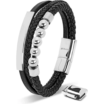 Afbeelding van SERASAR Lederen Armband Heren [Pearl] Zilver 23cm Onvergetelijk Cadeau voor Hem