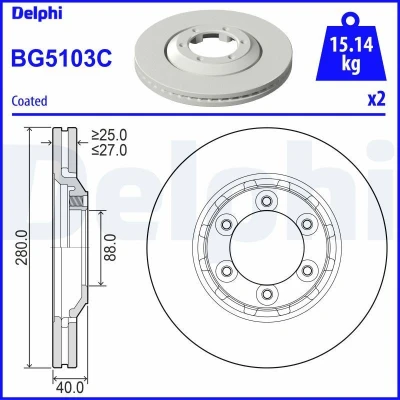 Afbeelding van DELPHI BG5103C Remschijf 280 27 6 Geventileerd Gecoat Semi finished Zonder wiellager, ABS sensorring ISUZU: D Max II Pickup