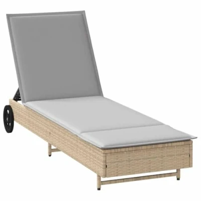 Afbeelding van Ligbed met wielen en kussen poly rattan beige