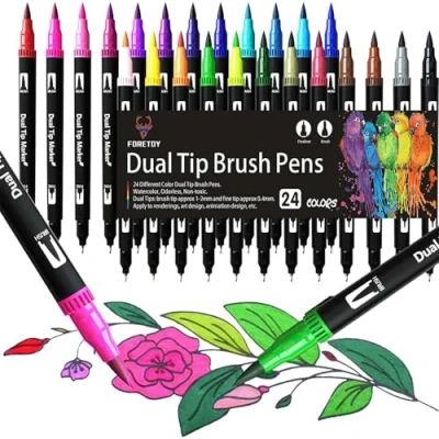 Afbeelding van Viltstiften, 24 kleuren, voor volwassenen en kinderen, aquarelstift, penseelstift, het bullet journal, tekenen, schilderen, mandala, penseelpunt 1 2 mm fijne punt 0,4