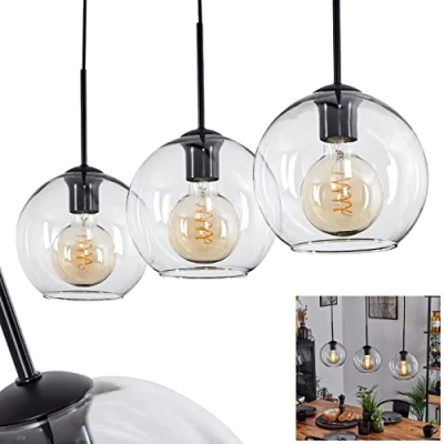 Afbeelding van Koyoto Hanglamp van metaal, glas, zwart en transparant, 3 lampen in vintage/retro design, met glazen kap (diameter 20 cm), maximale hoogte 152,5 cm, x E27, geen lamp