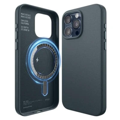 Afbeelding van elago Magnetische lederen beschermhoes, compatibel met iPhone 15 Pro Max, MagSafe, hoogwaardig veganistisch kunstleer, ingebouwde sterke magneten, bescherming