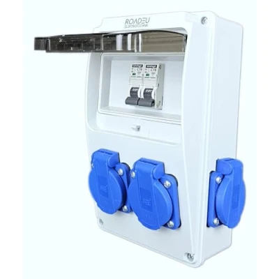 Afbeelding van RoadEu stroomverdeler 230 V 4 Schuko stopcontacten met schakelaar Stopcontactverdeler 2x C 16A stroomonderbreker bekabeld, voor binnen en buitenbouw IP54