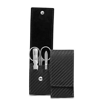 Afbeelding van Nippes Solingen Manicure set 3 delig RVS KARBON Zwart Lederen Etui Handgemaakt 25 jaar Garantie