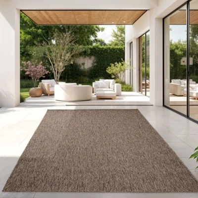 Afbeelding van TT Home Vloerkleed voor buiten, keuken, balkon, terras, effen, modern design, kleur: taupe, afmetingen: 300 x 400 cm.