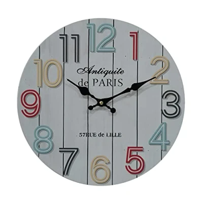 Afbeelding van Rebecca Mobili Wandklok, vintage, wandklokken, MDF, wit met gekleurde cijfers, analoog, interieurdecoratie diameter 33,8 cm x diepte 4 art. RE6802