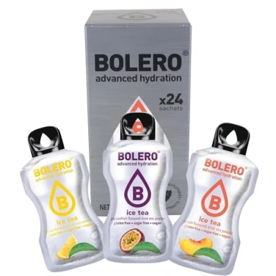 Afbeelding van Bolero Ice Tea Mix 24 x 3 g suikervrij poedersap met stevia en vitamine C glutenvrij veganistisch smaken van ijsthee perzik, citroen of passievrucht