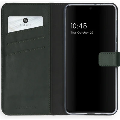 Afbeelding van Selencia Hoesje Geschikt voor Samsung Galaxy S21 Met Pasjeshouder Echt Lederen Bookcase Groen