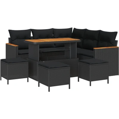 Afbeelding van vidaXL 9 Delige Tuin Sofa Set met Kussens Zwart Poly Rattan Acacia, 4 Eet Acacia