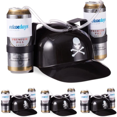 Afbeelding van Relaxdays 4 x drinkhelm piraat bierhelm feesthelm voor 2 blikjes met slang zwart