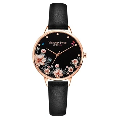 Afbeelding van VICTORIA HYDE Mode Elegante Horloges Vrouwen Leer/Roestvrij Staal Quartz Polshorloge Analoog Waterdicht, Zwart bloemen, Riem