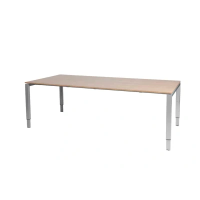 Afbeelding van Domino vergadertafel, hoogte instelbaar (62 85cm) met 220x100cm &#039;zwevend&#039; havana/ kersen licht 25mm blad en aluminium (RAL9006) N poot frame