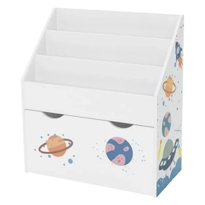 Afbeelding van Kinderrek motief met 3 vakken en uittrekbare speelgoedkist op wieltjes wit gemaakt van hout Joyz