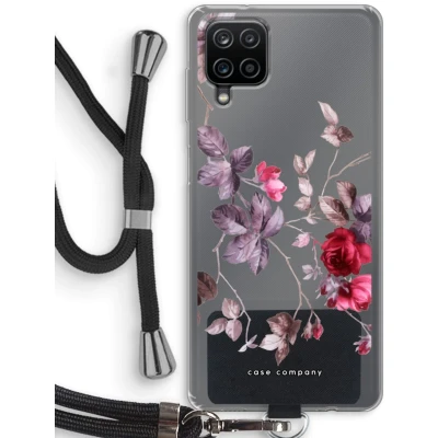Afbeelding van Case Company® hoesje met Koord geschikt voor Samsung Galaxy A12 Mooie bloemen Telefoonhoesje Zwart Bescherming aan alle Kanten en Over de Schermrand