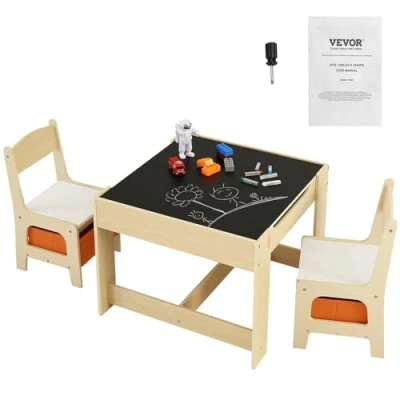 Image de VEVOR 1 Table d’Enfant + 2 Chaises 610x610x483 mm et 290x300x530 Ensemble de Meuble d&#039;Enfant avec Boîte Rangement Plateau Double Face pour Étudier Manger Jouer Lire Crèche Chambre d’Enfants