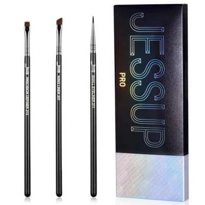 Afbeelding van Jessup Eyelinerkwastenset, 3 stuks professionele precisiepenselen voor eyeliner, fijne punt, gekanteld, vloeibare gel, platte vleugeleyeliner, zwart, T346
