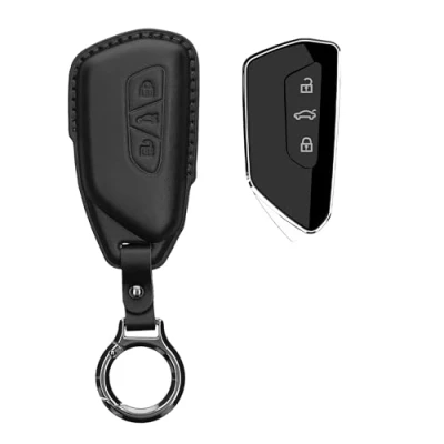 Afbeelding van kwmobile leren autosleutel hoesje geschikt voor VW Golf 8 3 knops Als sleutelhanger met sleutelring Echt leer in zwart