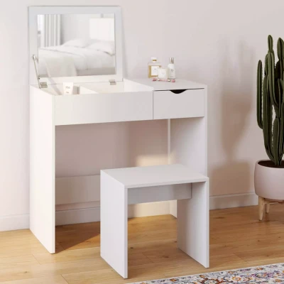 Image de Coiffeuse ZELIA miroir rabattable avec 2 tiroirs et 1 tabouret