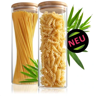 Afbeelding van Robin Goods® 2 x voorraadpotten met deksel van bamboe, 1800 ml, voor levensmiddelen versterkt borosilicaatglas, luchtdicht, rond, herbruikbaar, 1,8 l (02 stuks, ml)