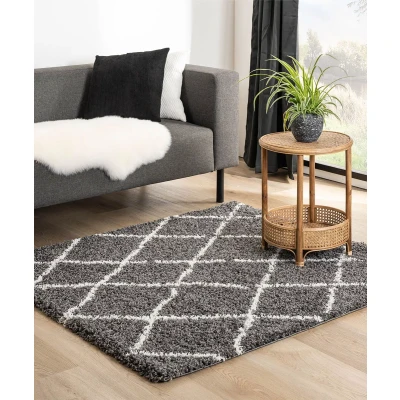 Afbeelding van Vierkant Hoogpolig Vloerkleed Ruiten Habitat Grijs/wit 140x140 Cm