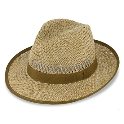 Afbeelding van fiebig Bogart Strohoed voor dames en heren, zomerhoed met grosgrain lint rand, zonnehoed brede Fedora Made in Italy, natuurlijke kleur, Natuurlijk.