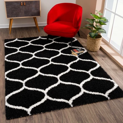 Afbeelding van Madrid Shaggy Design Vloerkleed Zwart Creme Hoogpolig 200x290 cm
