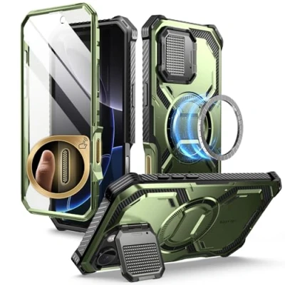 Afbeelding van i Blason Armorbox Beschermhoes voor iPhone 16 Pro met geïntegreerde camerabescherming, MagSafe compatibel, militaire bescherming, schokbestendig, displaybescherming, groen