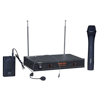 Afbeelding van Ibiza VHF2H Draadloos microfoonsysteem met 1 VHF handmicrofoon, hoofdmicrofoon en ontvanger 2 kanalen 203.5 &amp; 207.5MHz Zwart