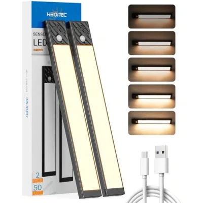 Afbeelding van HIBOITEC Binnenverlichting met 50 leds bewegingsmelder, oplaadbaar, draadloos, dimbaar, voor keuken, trappen, kast, hal, warmwit, 25,5 cm