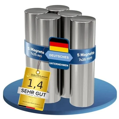 Afbeelding van 5 stuks sterke zilveren neodymium magneten, extra lange schacht, schachtdiameter 7 x 25 mm, hechtkracht ca. 2,8 kg, magneten voor whiteboard, prikbord, bord