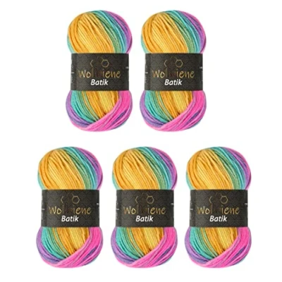 Afbeelding van Wollbiene Batik Set van 5 bollen 100 g wol voor breien en haken (500 g) Veelkleurig Met kleurgradatie 2080 geel, grijs, roze