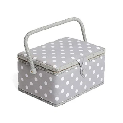 Afbeelding van Hobby Gift Exclusieve middelgrote naaidoos, opbergdoos om te knutselen, accessoirebak, pinnenbol, pvc handvat, 18,5 x 25,5 14,5 cm, grijze stippen