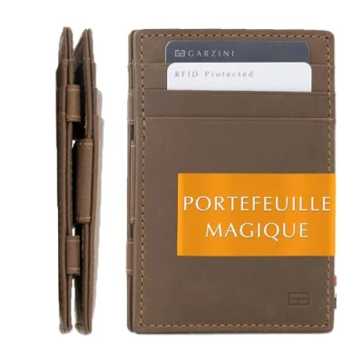 Afbeelding van Garzini compacte Portemonnee voor heren en dames uit leder, Kaarthouder met RFID bescherming, Portefeuille plaats 10 kaarten, Magic Wallet Essenziale, Bruin