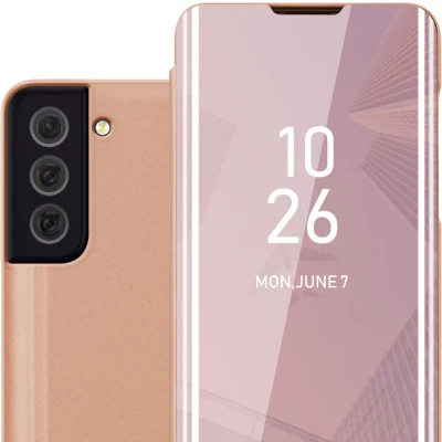 Afbeelding van Cadorabo Hoesje geschikt voor Samsung Galaxy S22 PLUS in KUNZIET ROZE Clear View Spiegel Beschermende Case met Tribunefunctie 360 Graden Bescherming Book Cover Etui