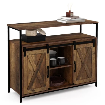 Afbeelding van Buffet 2 portes grange coulissantes MONTREAL bois effet vieilli design industriel 100 cm