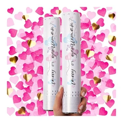 Afbeelding van Canon confetti voor genderonthulling, set van 2, roze hartvormige confettikanon, werper, confettibom
