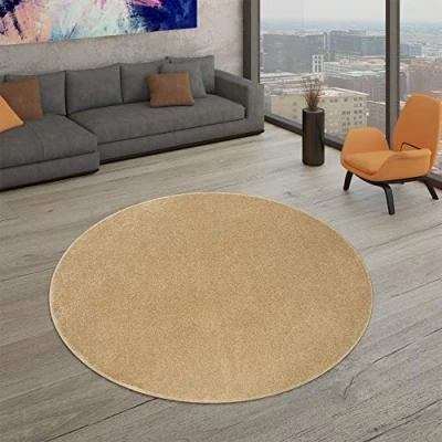 Afbeelding van TT Home Vloerkleed voor woonkamer, pool, eenkleurig, modern en tijdloos design, kleur: goud, afmetingen: Ø 200 cm rond